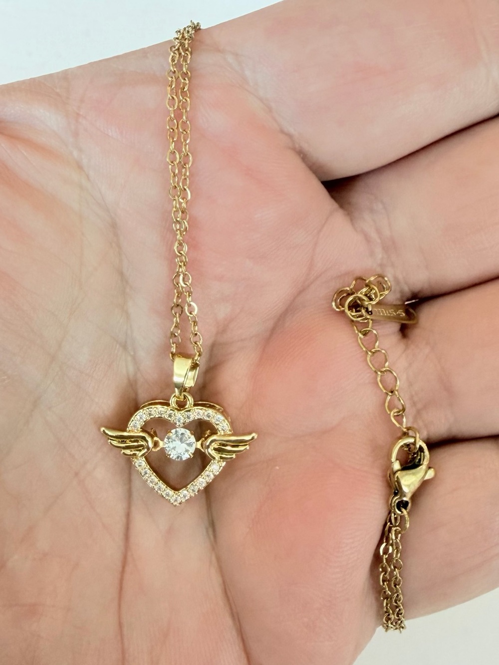 Gold Heart Clear Crystal Wing Pendant Necklace. - Picture 3 of 5